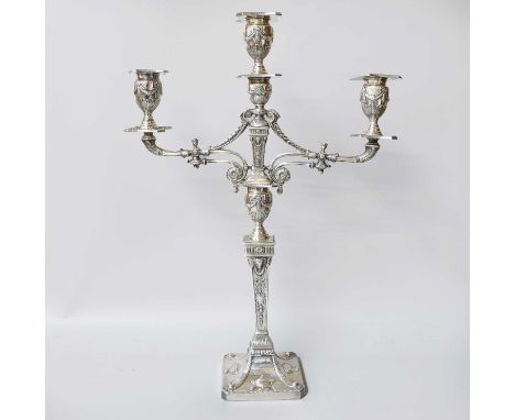 A Victorian Silver Plate Three-Light Candelabrum, by Walker and Hall, Probably Late 19th Century, on square base, stamped wit