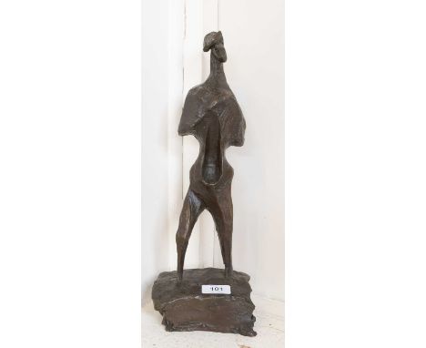 A Contemporary Bronze Abstract Sculpture, formed as a standing man on oblong plinth, 39cm high