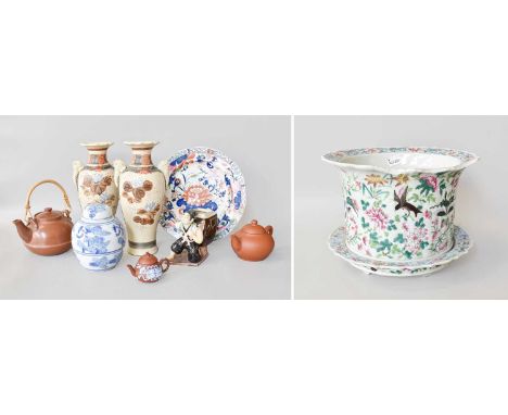 Five Chinese Yixing Wine Ewers, together with a famille rose jardiniere on stand, a pair of satusuma vases, etc (qty)Jardinie