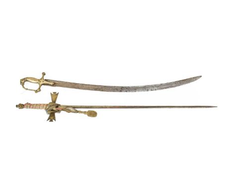 A 19th Century Fraternity Sword, with 78cm double edge tapering steel blade, the brass cruciform hilt with flat shaped crossg