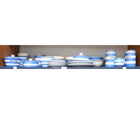 T G Green Cornish Ware, a blue banded pottery "Butter" crock and cover, together with various storage jars (matched covers), 