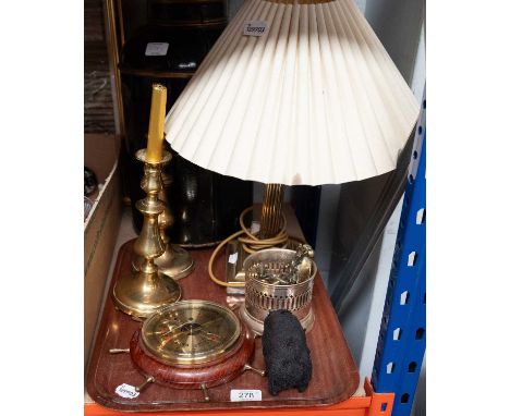 A Toleware Canister, together with a brass columnar form table lamp, a pair of Victorian brass candlesticks, two Victorian bu