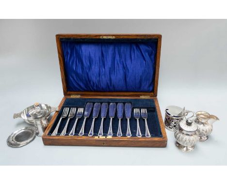 A Collection of Assorted Silver and Silver Plate, the silver including a Victorian silver mustard-pot, in the George III styl