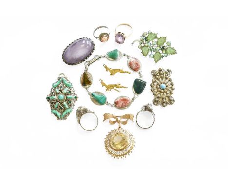 A Small Quantity of Jewellery, including a 9 carat gold citrine brooch, measures 4.5cm by 3.3cm; a converted fob watch, stamp