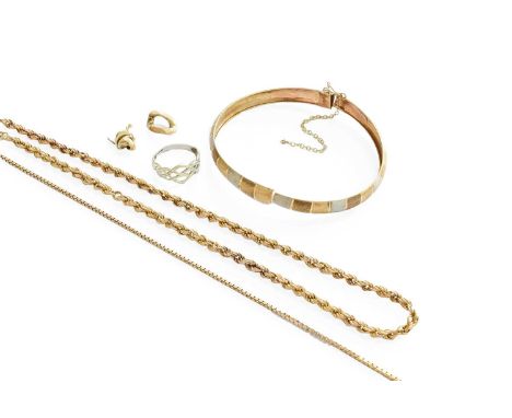 A Small Quantity, including two 9 carat gold chains (a.f.); a 9 carat gold ring (a.f.); a bangle, stamped '10K' (a.f.); and f