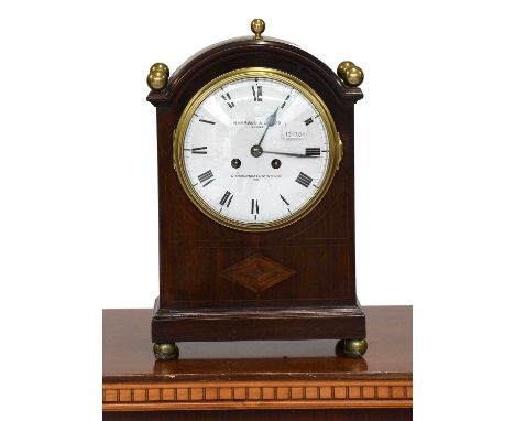 A Mahogany Inlaid Table Clock, Retailed by Barrand &amp; Lunds, circa 1900, twin barrel movement striking on a gong, 36cm hig