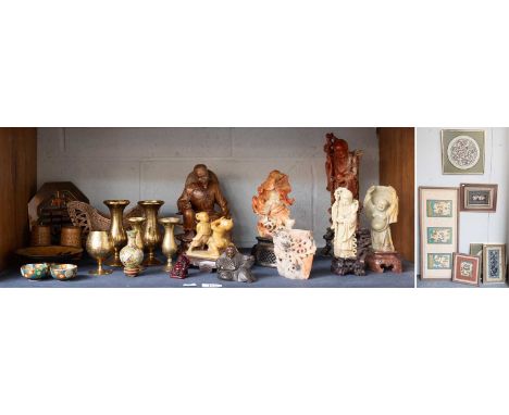Chinese Soapstone Figures, a root wood carving, modern textiles, etc