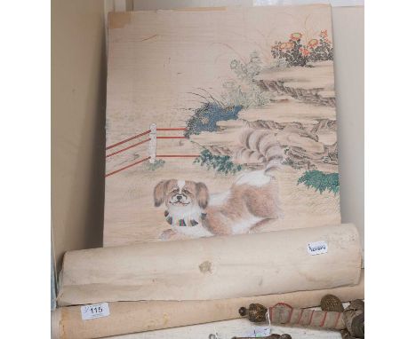 Late 19th Century Chinese Painting on Silk of a dog in a landscape, 40cm by 49cm, together with a Chinese landscape watercolo