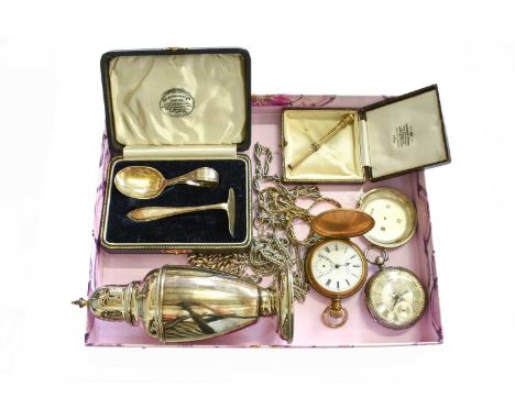 A Silver Open Faced Pocket Watch, plated full Hunter pocket watch, silver sifter, plated pencil, watch chains. etc