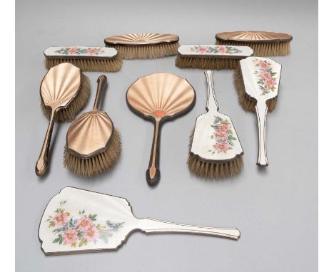 A Five-Piece Edward VIII Silver and Enamel Dressing-Table Service, by Henry Clifford Davis, Birmingham, 1936, each piece enam
