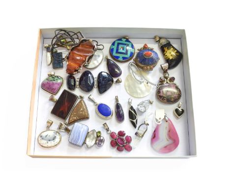 A Quantity of Jewellery, comprising of twenty-two multi-gem set pendants of varying designs, including hardstones, amber, mot