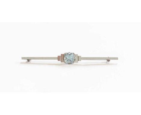 An Aquamarine Bar Brooch, the cushion-cut aquamarine in a white claw setting, to stepped plain polished and bar, length 5.8cm
