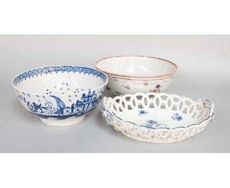 An 18th Century Chinese Export Porcelain Bowl, 23cm, an 18th century Leeds porcelain blue and white bowl, circa 1780, 22cm, t