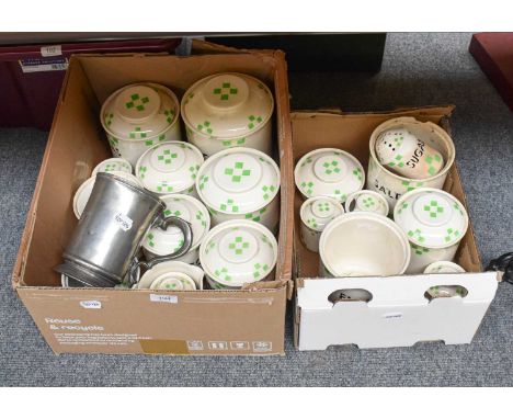 T G Green &amp; Co. Ltd "Checkers" Kitchenware, green on a cream ground (qty)Salt, sugar, flour, tea, spice, bi-carb-soda, gi