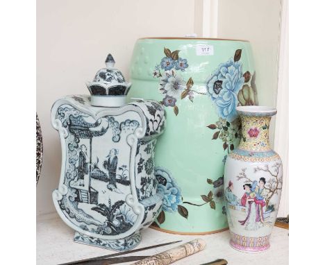 A Chinese Barrel Stool, later painted, a similar Chinese vase in famille rose enamel, and a further blue and white jar.31cm h