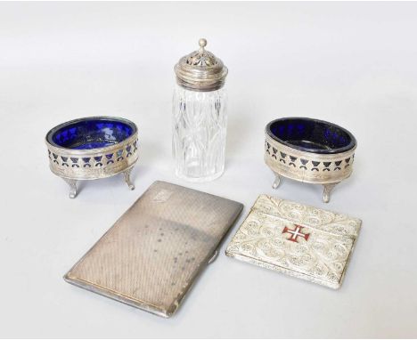 A Collection of Assorted Silver, comprising a cigarette-case; a further cigarette-case, with filigree sides, applied with an 
