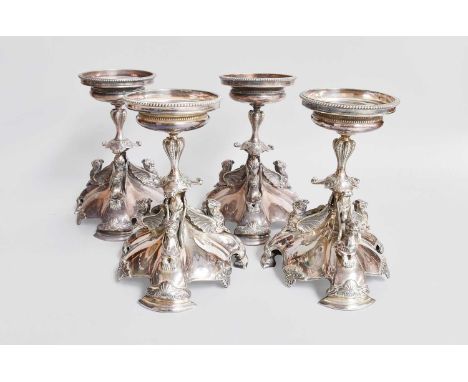 A Set of Four Victorian Silver Plate Dessert-Stands, by Elkington, Birmingham, 1885, each on tricorn base, each applied with 