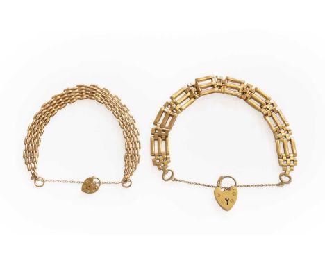 A 9 Carat Gold Gate Link Bracelet, with a 9 carat gold heart shaped padlock clasp, length 17.5cm; and A 9 Carat Gold Brick Li