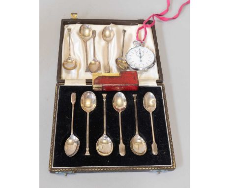 Galet Swiss Stop Watch, Gold Plated Dunhill Rollagas Cigarette Lighter and Eleven Silver Teaspoons in Box 