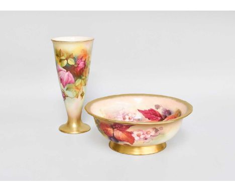 Royal Worcester Vase, painted with roses and a Royal Worcester Bowl, painted by K.Blake (cracked)