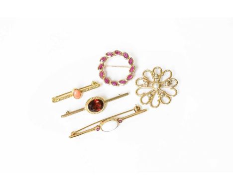 A Collection of Five Brooches, comprising of an 18 carat gold coral and diamond brooch, length 3.2cm; a 9 carat gold opal and