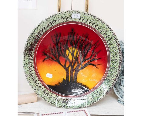 Poole Pottery; a large hand thrown plaque with "Dorset Dawn with Yellow Sun" by A White including certification, 45.5cm diame