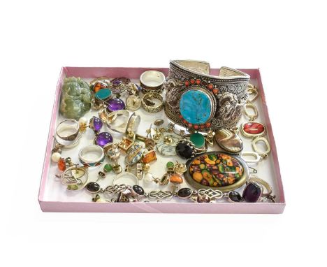 A Quantity of Silver and White Metal Jewellery, including a coral and turquoise bangle (a.f.); brooches; bracelets; rings; ea