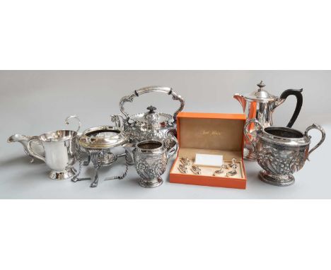A Collection of Assorted Silver and Silver Plate, the silver including a silver-gilt sauceboat, engraved with an inscription;