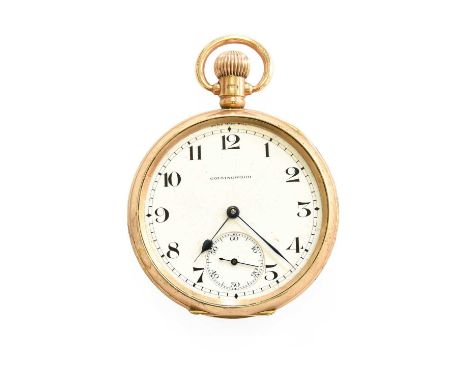 A 9 Carat Gold Open Faced Waltham Pocket Watch, retailed by CollingwoodDust cover is 9k GoldDiameter - 49mm wideTotal Weight 