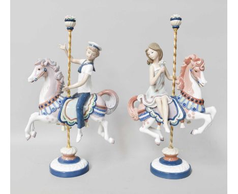 Two Lladro Porcelain Figures: "Girl on Carousel Horse" and "Boy on Carousel Horse", model numbers 1469 and 1470, retired figu