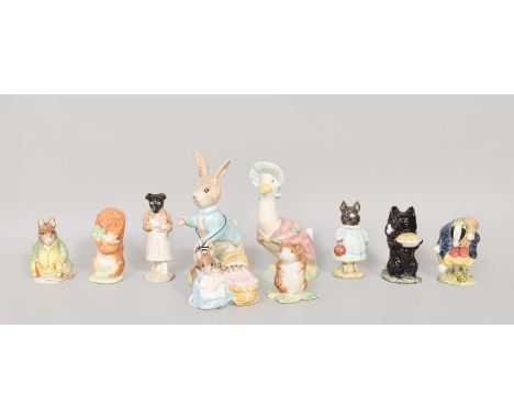 Beswick Beatrix Potter Figures, all B-P 3 including Duchess holding pie and pickles, etc, two large models and a tree trunk d