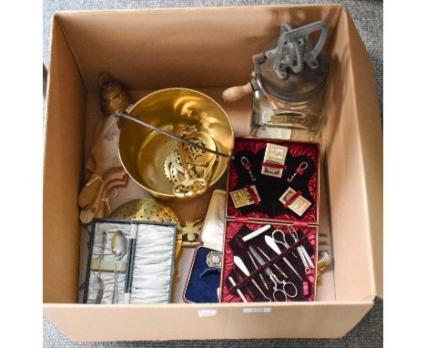 Two Silver Vesta Cases, a silver fob, together with a Victorian Mother-of-Pearl-handled manicure set, brass chestnut warmer, 