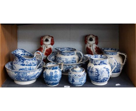 A Quantity of Pearlware, circa 1820, printed in underglaze blue with landscape scenes, including a jug possibly Turner, four 