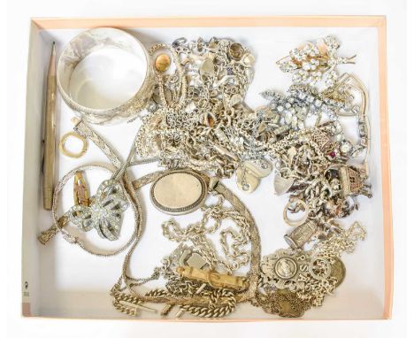 A Quantity of Silver and White Metal Jewellery, including necklaces, bracelets, a locket, a bangle, watch chains and medallio