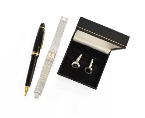 A Pair of Mont Blanc Cufflinks, Mont Blanc ball point pen, and a lady's chrome plated Tissot wristwatch/Tissot box (3)