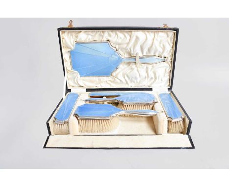 A Six-Piece George V Silver and Enamel Dressing-Table Service, by Richard Comyns, London, 1929 and 1930, each piece in the Ar