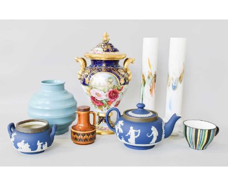 Wedgwood and Cornishware jars, silver plated tea set, Copelands China vase and cover, signed T.Sadler etc (two trays)Copeland
