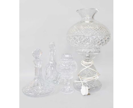 Waterford Crystal Cut Lamp, two decanters and pastel burnerAll pieces appear in good orderHeight of lamp 48cm and is in worki