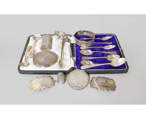 A Collection of Assorted Silver and Silver Plate, the silver including a cased set of teaspoons; two decanter or wine-labels,