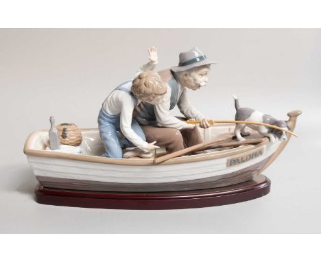 Lladro Porcelain Figure Group, "Fishing With Grandpa", model number 5215, 49cm long