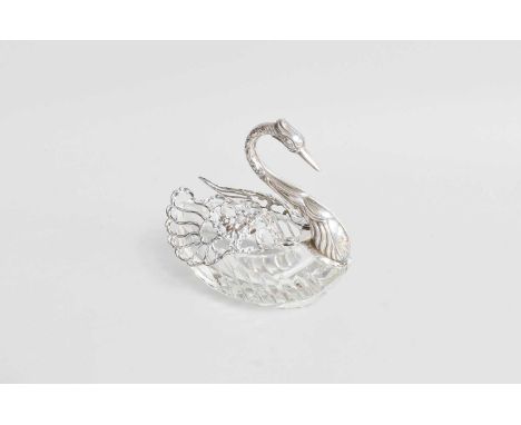 A Continental Silver-Mounted Glass Dish in the Form of a Swan, With English Import Marks for London, Probably 1966, the hinge