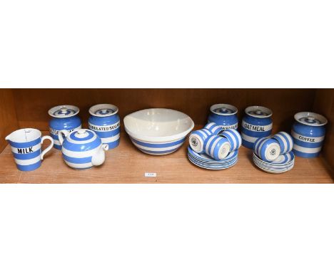 T G Green Cornish Ware, five blue banded pottery storage jars and covers, "Castor Sugar", "Granulated Sugar", "Cornflour", "O