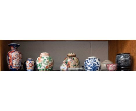 A Mixed Lot of Chinese and Japanese Porcelain, including Kangxi style jar, other ginger jars, Imari etc (one shelf)Small ging