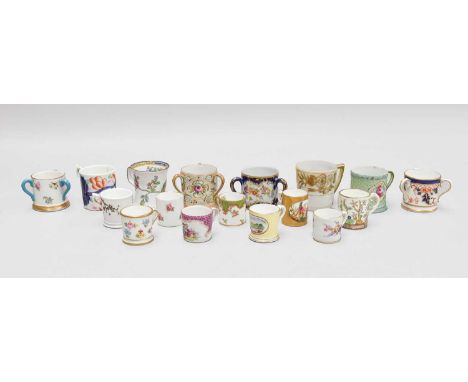 A Large Collection of Royal Crown Derby and Worcester Miniature Mugs and Tygs (one tray)