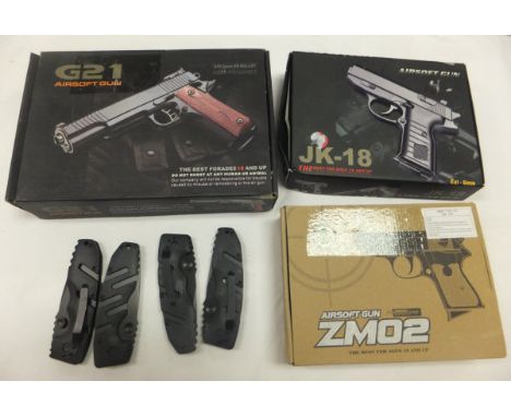 Four British Army style folding knives, two BB guns and a further BB air soft gun*