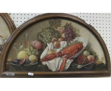 ENGLISH SCHOOL - two still life studies in arched form, one of fruit in bowl with mackerel on plate, the other with fruit in 