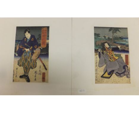 AFTER KUNISADA "Samurai warriors", a pair of colour woodblock prints, together with AFTER HIROSHI "Kannon-Seiji in Kyoto", co