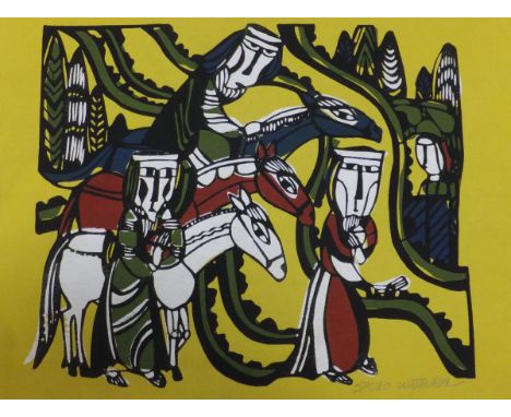 AFTER SADAO WATANABE "Three figures with donkeys on yellow background with black, red, white, green and blue", colour print, 