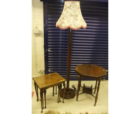 A Victorian two tier mahogany octagonal side table on ringed and turned supports to brown china castors, together with a Far 