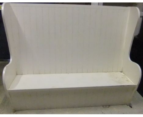 A white painted tavern style settle on plank end supports CONDITION REPORTS Various scratches, knocks, nibbles, chips etc, lo